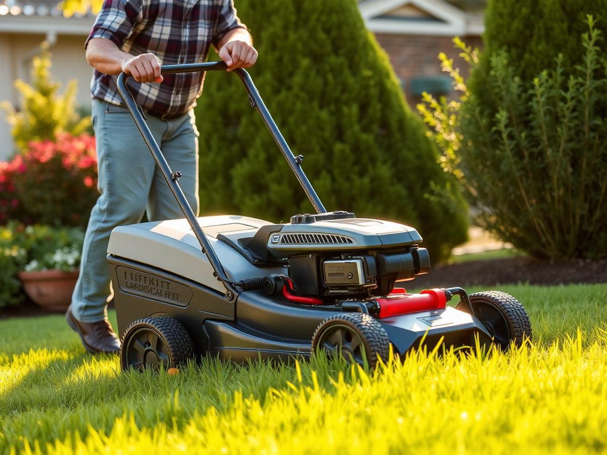 Professional landscaper mowing a yard